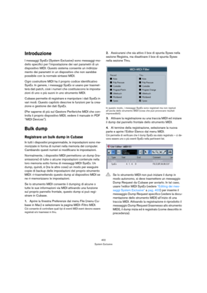 Page 402402
System Exclusive
Introduzione
I messaggi SysEx (System Exclusive) sono messaggi-mo-
dello specifici per l’impostazione dei vari parametri di un 
dispositivo MIDI. Questo sistema consente un indirizza-
mento dei parametri in un dispositivo che non sarebbe 
possibile con la normale sintassi MIDI.
Ogni costruttore MIDI ha il proprio codice identificativo 
SysEx. In genere, i messaggi SysEx si usano per trasmet-
terà dati patch, cioè i numeri che costituiscono le imposta-
zioni di uno o più suoni in uno...