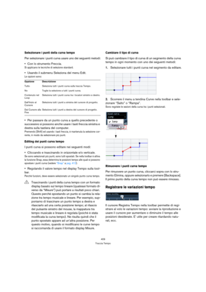 Page 409409
Traccia Tempo
Selezionare i punti della curva tempo
Per selezionare i punti curva usare uno dei seguenti metodi:
Con lo strumento Freccia.
Si applicano le tecniche di selezione standard.
Usando il submenu Seleziona del menu Edit.
Le opzioni sono:
Per passare da un punto curva a quello precedente o 
successivo si possono anche usare i tasti freccia sinistra e 
destra sulla tastiera del computer.
Premendo [Shift] ed usando i tasti freccia, è mantenuta la selezione cor-
rente, in modo da selezionare più...