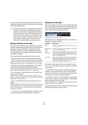 Page 457457
Video
Una volta creato il file, la finestra si chiude e il file cache in 
miniatura è utilizzato se serve (cioè quando si consumano 
molte risorse della CPU).
Estrarre l’audio da un file video
Se un file video contiene audio, quest’ultimo può essere 
estratto. Indipendentemente dal formato audio del file vero 
e proprio, il file audio risultante è sempre nel formato 
(Fr.Campionamento e Formato di Registrazione) che è 
stato specificato per il progetto nella finestra di dialogo 
Impostazioni...