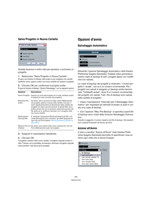 Page 467467
Gestione file
Salva Progetto in Nuova Cartella
Questa funzione è molto utile per spostare o archiviare un 
progetto. 
1.Selezionare “Salva Progetto in Nuova Cartella”. 
Si apre una finestra di dialogo nella quale si può scegliere una cartella 
esistente vuota, oppure creare una nuova cartella ove salvare il progetto.
2.Cliccare OK per confermare la propria scelta.
Si apre la finestra di dialogo “Opzioni Salvataggio” con le seguenti opzioni:
3.Eseguire le impostazioni desiderate.
4.Cliccare OK. 
Il...