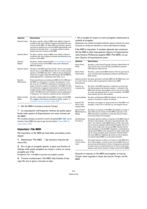 Page 474474
Gestione file
ÖNel file MIDI è inclusa la traccia Tempo.
ÖLe impostazioni nell’Inspector diverse da quelle speci-
ficate nelle opzioni di Esportazione non sono incluse nel 
file MIDI!
Per includerle, bisogna convertirle in eventi e proprietà MIDI “reali” con la 
funzione Unisci MIDI nel Loop di ogni traccia (vedere “Unisci MIDI nel 
Loop” a pag. 342).
Importare i file MIDI
Per importare un file MIDI da hard-disk, procedere come 
segue:
1.Selezionare “File MIDI…” dal submenu Importa del 
menu File....