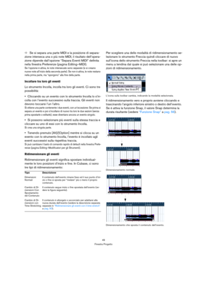 Page 4949
Finestra Progetto
ÖSe si separa una parte MIDI e la posizione di separa-
zione interseca una o più note MIDI, il risultato dell’opera-
zione dipende dall’opzione “Separa Eventi MIDI” definita 
nella finestra Preferenze (pagina Editing–MIDI). 
Se l’opzione è attiva, le note intersecate sono separate (e si creano 
nuove note all’inizio della seconda parte). Se non è attiva, le note restano 
nella prima parte, ma “sporgono” alla fine della parte.
Incollare tra loro gli eventi
Lo strumento Incolla,...