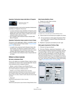 Page 512512
Operazioni principali
Impostare l’indicazione tempo dalla Barra di Trasporto
L’indicazione tempo si può anche impostare direttamente 
sulla Barra di Trasporto. Si noti che:
 La sezione indicazione tempo della Barra di Trasporto mostra 
sempre il primo evento indicazione tempo sulla traccia Tempo. 
Modificando questo valore, di fatto si cambia il primo evento 
indicazione tempo sulla traccia Tempo.
 Non è possibile creare indicazione tempo composte della 
Barra di Trasporto.
Impostare l’indicazione...