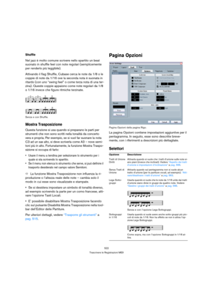 Page 522522
Trascrivere le Registrazioni MIDI
Shuffle
Nel jazz è molto comune scrivere nello spartito un beat 
suonato in shuffle feel con note regolari (semplicemente 
per renderlo più leggibile). 
Attivando il flag Shuffle, Cubase cerca le note da 1/8 o le 
coppie di note da 1/16 ove la seconda nota è suonata in 
ritardo (con uno “swing feel” o come terza nota di una ter-
zina). Queste coppie appaiono come note regolari da 1/8 
o 1/16 invece che figure ritmiche terzinate.
Senza e con Shuffle.
Mostra...