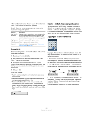 Page 582582
Lavorare con i simboli
Per cambiarne la forma, cliccare su uno dei punti a metà 
curva e trascinare in una direzione qualsiasi.
Un clic-destro su un punto curva apre un menu conte-
stuale con le seguenti opzioni:
Creare i trilli
Se sono stati registrati o inseriti trilli, Cubase aiuta a visua-
lizzarli adeguatamente:
1.Selezionare le note del trillo.
2.Clic-destro su una delle note e selezionare “Crea 
Trillo…” dal menu contestuale.
3.Scegliere un’opzione dalla finestra che si apre.
I pulsanti...
