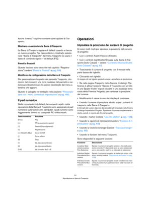 Page 6161
Riproduzione e Barra di Trasporto
Anche il menu Trasporto contiene varie opzioni di Tra-
sporto.
Mostrare e nascondere la Barra di Trasporto
La Barra di Trasporto appare di default quando si lancia 
un nuovo progetto. Per nasconderlo o mostrarlo selezio-
nare “Barra di Trasporto” dal menu Trasporto (o usare il 
tasto di comando rapido – di default [F2]).
Preroll e Postroll
Queste funzioni sono descritte nel capitolo “Registra-
zione” (vedere “Preroll e Postroll” a pag. 84).
Modificare la...