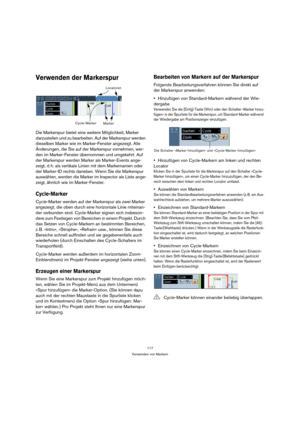 Page 117117
Verwenden von Markern
Verwenden der Markerspur
Die Markerspur bietet eine weitere Möglichkeit, Marker 
darzustellen und zu bearbeiten. Auf der Markerspur werden 
dieselben Marker wie im Marker-Fenster angezeigt. Alle 
Änderungen, die Sie auf der Markerspur vornehmen, wer-
den im Marker-Fenster übernommen und umgekehrt. Auf 
der Markerspur werden Marker als Marker-Events ange-
zeigt, d. h. als vertikale Linien mit dem Markernamen oder 
der Marker-ID rechts daneben. Wenn Sie die Markerspur 
auswählen,...