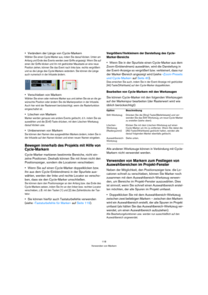 Page 118118
Verwenden von Markern
Verändern der Länge von Cycle-Markern
Wählen Sie einen Cycle-Marker aus, indem Sie darauf klicken. Unten am 
Anfang und Ende des Events werden zwei Griffe angezeigt. Wenn Sie auf 
einen der Griffe klicken und ihn mit gedrückter Maustaste an eine neue 
Position ziehen, können Sie das Event nach links bzw. rechts vergrößern 
und so die Länge des Cycle-Markers verändern. Sie können die Länge 
auch numerisch in der Infozeile ändern.
Verschieben von Markern
Wählen Sie einen oder...