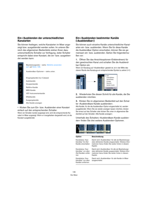 Page 135135
Der Mixer
Ein-/Ausblenden der unterschiedlichen 
Kanalarten
Sie können festlegen, welche Kanalarten im Mixer ange-
zeigt bzw. ausgeblendet werden sollen. Im unteren Be-
reich des allgemeinen Bedienfelds stehen Ihnen dazu 
unterschiedliche Schalter zur Verfügung. Jeder Schalter 
entspricht dabei einer Kanalart, die ein- bzw. ausgeblen-
det werden kann:
Klicken Sie zum Ein- bzw. Ausblenden einer Kanalart 
einfach auf den entsprechenden Schalter.
Wenn ein Schalter dunkel angezeigt wird, wird die...
