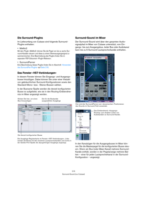 Page 215215
Surround-Sound (nur Cubase)
Die Surround-PlugIns
Im Lieferumfang von Cubase sind folgende Surround-
PlugIns enthalten:
Mix6to2
Mit dem PlugIn »Mix6to2« können Sie die Pegel von bis zu sechs Sur-
round-Kanälen steuern und diese zu einem Stereoausgangssignal zu-
sammenmischen. Eine Beschreibung des PlugIns finden Sie im 
separaten PDF-Dokument »PlugIn-Referenz«.
SurroundPanner
Eine Beschreibung dieses PlugIns finden Sie im Abschnitt »Verwenden 
des SurroundPan-PlugIns« auf Seite 218.
Das Fenster...