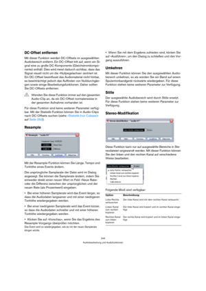 Page 244244
Audiobearbeitung und Audiofunktionen
DC-Offset entfernen
Mit dieser Funktion werden DC-Offsets im ausgewählten 
Audiobereich entfernt. Ein DC-Offset tritt auf, wenn ein Si-
gnal eine zu große DC-Komponente (Gleichstromkompo-
nente) enthält. Dies wird meist dadurch sichtbar, dass das 
Signal visuell nicht um die »Nullpegelachse« zentriert ist. 
Ein DC-Offset beeinflusst das Audiomaterial nicht hörbar, 
es beeinträchtigt jedoch das Auffinden von Nulldurchgän-
gen sowie einige Bearbeitungsfunktionen....