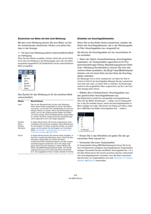 Page 373373
Die MIDI-Editoren
Einzeichnen von Noten mit dem Linie-Werkzeug
Mit dem Linie-Werkzeug können Sie eine Reihe von No-
ten hintereinander einzeichnen. Klicken und ziehen Sie 
dazu in der Anzeige.
ÖFür das Linie-Werkzeug stehen unterschiedliche Modi 
zur Verfügung.
Wenn Sie einen Modus auswählen möchten, klicken Sie auf den Schal-
ter für das Linie-Werkzeug in der Werkzeugzeile, wenn das Linie-Werk-
zeug bereits ausgewählt ist. Ein Einblendmenü mit den unterschiedlichen 
Modi wird geöffnet.
Das Symbol...