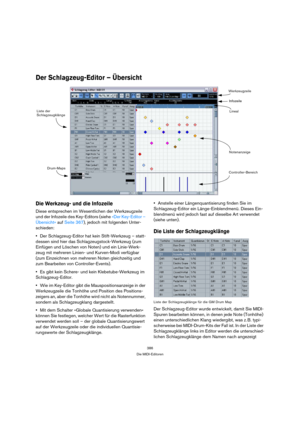 Page 386386
Die MIDI-Editoren
Der Schlagzeug-Editor – Übersicht
Die Werkzeug- und die Infozeile
Diese entsprechen im Wesentlichen der Werkzeugzeile 
und der Infozeile des Key-Editors (siehe »Der Key-Editor – 
Übersicht« auf Seite 367), jedoch mit folgenden Unter-
schieden:
Der Schlagzeug-Editor hat kein Stift-Werkzeug – statt-
dessen sind hier das Schlagzeugstock-Werkzeug (zum 
Einfügen und Löschen von Noten) und ein Linie-Werk-
zeug mit mehreren Linien- und Kurven-Modi verfügbar 
(zum Einzeichnen von mehreren...