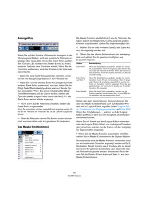 Page 397397
Die MIDI-Editoren
Anzeigefilter
Wenn Sie auf den Schalter »Filteransicht anzeigen« in der 
Werkzeugzeile klicken, wird eine zusätzliche Filterzeile an-
gezeigt. Über diese Zeile können Sie Event-Arten ausblen-
den. Es kann z. B. mühsam sein, Noten-Events zu finden, 
wenn ein Part sehr viele Controller enthält. Wenn Sie die 
Controller ausblenden, wird das Arbeiten in der Liste sehr 
viel einfacher.
Wenn Sie eine Event-Art ausblenden möchten, schal-
ten Sie die dazugehörige Option in der Filterzeile...
