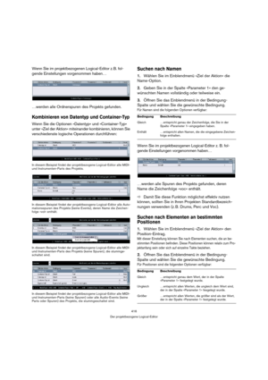 Page 416416
Der projektbezogene Logical-Editor
Wenn Sie im projektbezogenen Logical-Editor z. B. fol-
gende Einstellungen vorgenommen haben…
…werden alle Ordnerspuren des Projekts gefunden.
Kombinieren von Datentyp und Container-Typ
Wenn Sie die Optionen »Datentyp« und »Container-Typ« 
unter »Ziel der Aktion« miteinander kombinieren, können Sie 
verschiedenste logische Operationen durchführen:
In diesem Beispiel findet der projektbezogene Logical-Editor alle MIDI- 
und Instrumenten-Parts des Projekts.
In diesem...