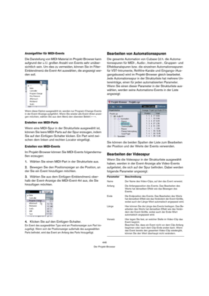 Page 446446
Der Projekt-Browser
Anzeigefilter für MIDI-Events
Die Darstellung von MIDI-Material im Projekt-Browser kann 
aufgrund der u. U. großen Anzahl von Events sehr unüber-
sichtlich sein. Um dies zu vermeiden, können Sie im Filter-
Einblendmenü die Event-Art auswählen, die angezeigt wer-
den soll.
Wenn diese Option ausgewählt ist, werden nur Program-Change-Events 
in der Event-Anzeige aufgeführt. Wenn Sie wieder alle Event-Arten anzei-
gen möchten, wählen Sie aus dem Menü den obersten Befehl »---«....