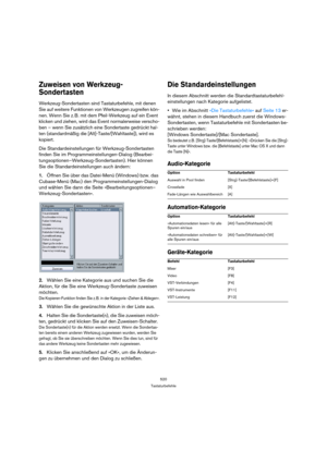 Page 520520
Tastaturbefehle
Zuweisen von Werkzeug-
Sondertasten
Werkzeug-Sondertasten sind Tastaturbefehle, mit denen 
Sie auf weitere Funktionen von Werkzeugen zugreifen kön-
nen. Wenn Sie z. B. mit dem Pfeil-Werkzeug auf ein Event 
klicken und ziehen, wird das Event normalerweise verscho-
ben – wenn Sie zusätzlich eine Sondertaste gedrückt hal-
ten (standardmäßig die [Alt]-Taste/[Wahltaste]), wird es 
kopiert.
Die Standardeinstellungen für Werkzeug-Sondertasten 
finden Sie im Programmeinstellungen-Dialog...