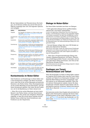 Page 536536
Grundlagen
Mit den Optionsfeldern der Filterzeile können Sie festle-
gen, ob ein Element sichtbar sein soll (im Feld wird ein 
Häkchen angezeigt) oder nicht. Die folgenden Optionen 
sind verfügbar:
Kontextmenüs im Noten-Editor
Viele Funktionen und Einstellungen im Noten-Editor sind 
in den Kontextmenüs verfügbar. Sie öffnen ein Kontext-
menü, indem Sie mit der rechten Maustaste auf bestimmte 
Elemente in der Partitur klicken. Wenn Sie beispielsweise 
mit der rechten Maustaste auf eine Note klicken,...