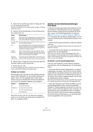 Page 641641
Arbeiten mit Text
4.Geben Sie in das Feld ganz oben im Dialog den Text 
ein, der angezeigt werden soll. 
Mit Hilfe von Sonderzeichen können Sie Variablen erzeugen, z. B. Seiten-
zahlen (siehe unten). 
5.Nehmen Sie die Einstellungen für die Positionierung 
des Textelements vor:
6.Wählen Sie ein Textformat für den Text oder legen Sie 
Schriftart, Größe und Stil manuell fest. 
7.Klicken Sie auf »OK«.
Der Text wird eingefügt. Sie können die Position des Texts manuell ver-
ändern, indem Sie den Textblock...