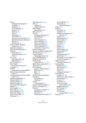 Page 700700
Stichwortverzeichnis
Spuren
Audiokanal-Konfiguration 74
Auswählen 43
Duplizieren 43
Ein-/Ausschalten 68
Einfrieren 184
Entfernen 43
Farbe 43
Hinzufügen 43
Höhe ändern 39
Importieren und Exportieren 499
Musikalische/Lineare Zeitbasis 45
Sperren 55
Umbenennen 43
Spuren zwischen Projekten 
austauschen 499
Spurfarben anzeigen 43
Spurhöhe-Einblendmenü 39
Spurliste
Beschreibung 29
Individuell anpassen 506
Teilen 44
Spur-Loop
Audio-Part-Editor 289
MIDI-Editoren 371
Spur-Parameter 344
Spur-Presets...