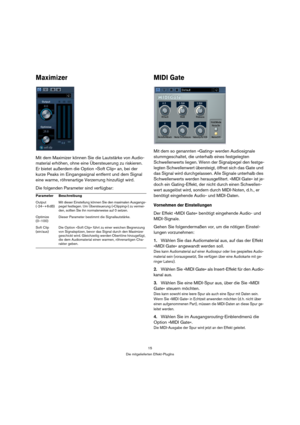 Page 1515
Die mitgelieferten Effekt-PlugIns
Maximizer 
Mit dem Maximizer können Sie die Lautstärke von Audio-
material erhöhen, ohne eine Übersteuerung zu riskieren. 
Er bietet außerdem die Option »Soft Clip« an, bei der 
kurze Peaks im Eingangssignal entfernt und dem Signal 
eine warme, röhrenartige Verzerrung hinzufügt wird. 
Die folgenden Parameter sind verfügbar:
MIDI Gate
Mit dem so genannten »Gating« werden Audiosignale 
stummgeschaltet, die unterhalb eines festgelegten 
Schwellenwerts liegen. Wenn der...
