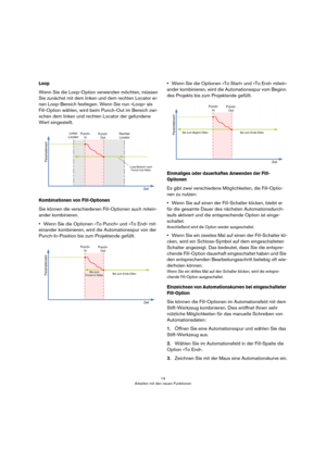 Page 1414
Arbeiten mit den neuen Funktionen
Loop
Wenn Sie die Loop-Option verwenden möchten, müssen 
Sie zunächst mit dem linken und dem rechten Locator ei-
nen Loop-Bereich festlegen. Wenn Sie nun »Loop« als 
Fill-Option wählen, wird beim Punch-Out im Bereich zwi-
schen dem linken und rechten Locator der gefundene 
Wert eingestellt.
Kombinationen von Fill-Optionen
Sie können die verschiedenen Fill-Optionen auch mitein-
ander kombinieren. 
•Wenn Sie die Optionen »To Punch« und »To End« mit-
einander...