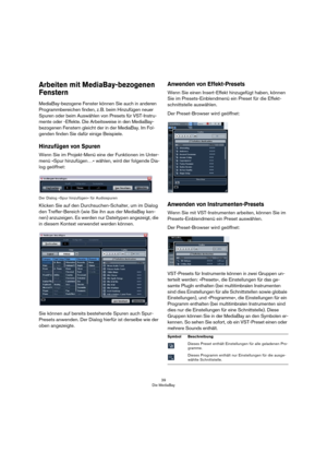 Page 3939
Die MediaBay
Arbeiten mit MediaBay-bezogenen 
Fenstern
MediaBay-bezogene Fenster können Sie auch in anderen 
Programmbereichen finden, z. B. beim Hinzufügen neuer 
Spuren oder beim Auswählen von Presets für VST-Instru-
mente oder -Effekte. Die Arbeitsweise in den MediaBay-
bezogenen Fenstern gleicht der in der MediaBay. Im Fol-
genden finden Sie dafür einige Beispiele.
Hinzufügen von Spuren
Wenn Sie im Projekt-Menü eine der Funktionen im Unter-
menü »Spur hinzufügen…« wählen, wird der folgende Dia-...