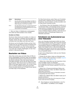 Page 8383
Video
ÖWenn ein Video im Vollbildmodus wiedergegeben 
wird, bleibt das Seitenverhältnis immer erhalten.
Scrubben von Videos
Sie können Video-Events auch scrubben, d. h. diese vor-
wärts oder rückwärts in beliebiger Geschwindigkeit wie-
dergeben. Klicken Sie dazu in das Video-Player-Fenster 
und ziehen Sie mit der Maus nach links oder rechts.
Sie können auch die Scrubben-Funktion auf dem Trans-
portfeld oder das Jog-Wheel auf einem Fernbedienungs-
gerät für das Scrubben von Video-Events verwenden....