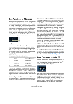Page 8888
Neue Funktionen der PlugIns
Neue Funktionen in REVerence
REVerence verfügt jetzt über den Schalter »Smooth Para-
meter Changes«, der oben rechts zwischen den Pro-
grammschnittstellen und den Schaltern »Store«, »Recall« 
und »Erase« angeordnet ist. Wenn dieser Schalter einge-
schaltet ist, wird beim Wechseln zwischen Programmen 
ein Crossfade erzeugt. Lassen Sie diesen Schalter ausge-
schaltet, wenn Sie nach einem geeigneten Programm 
oder einer geeigneten Einstellung für eine Impulsantwort 
suchen....