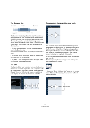 Page 4141
The Sample Editor
The Overview line
The Overview line displays the whole clip. The section cur-
rently shown in the main waveform display of the Sample 
Editor (the viewing area) is indicated by a rectangle in the 
Overview line, and the current selection range is also 
shown. If the “Show Audio Event” button is activated on the 
toolbar, event start/end and snap point are shown in the 
Overview line.
•To view other sections of the clip, move the viewing 
area in the Overview line.
Click in the lower...