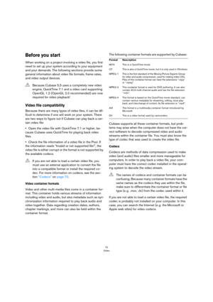 Page 7070
Video
Before you start
When working on a project involving a video file, you first 
need to set up your system according to your equipment 
and your demands. The following sections provide some 
general information about video file formats, frame rates, 
and video output devices.
Video file compatibility
Because there are many types of video files, it can be dif-
ficult to determine if one will work on your system. There 
are two ways to figure out if Cubase can play back a cer-
tain video file:
•Open...