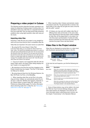 Page 7272
Video
Preparing a video project in Cubase
The following sections describe the basic operations nec-
essary for preparing a Cubase project involving video. It is 
advisable to store your video files on a separate hard drive 
from your audio files. This can help prevent data streaming 
problems when using high-resolution video with many au-
dio tracks. 
Importing video files
Importing a video file into your project is very straight for-
ward once you know that you have a compatible video file. 
Video...