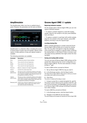 Page 7878
Plug-in updates
AmpSimulator
The AmpSimulator effect now has an updated plug-in 
panel. However, the parameters are the same as before.
AmpSimulator is a distortion effect, emulating the sound 
of various types of guitar amp and speaker cabinet combi-
nations. A wide selection of amp and cabinet models is 
available.
The following parameters are available:
Groove Agent ONE 1.1 update
Replacing individual samples
On the sample pads in Groove Agent ONE, you can now 
replace individual samples. 
•To...