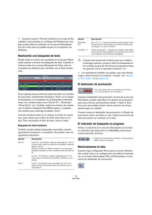 Page 2626
MediaBay
ÖCuando la opción “Permitir la Edición en la Lista de Re-
sultados” está activada en el diálogo de Preferencias, tam-
bién puede editar los atributos en la sección Resultados. 
De otro modo sólo es posible hacerlo en el Inspector de 
Atributos.
Realizando una búsqueda de texto
Puede limitar el número de resultados en la sección Resul-
tados usando la función de búsqueda de texto. Cuando in-
troduzca texto en el campo Búsqueda de Texto, sólo se 
mostrarán los atributos que coincidan con el...