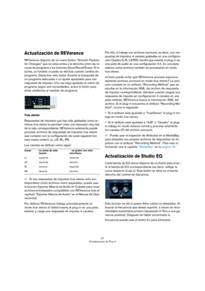 Page 8787
Actualizaciones de Plug-in
Actualización de REVerence
REVerence dispone de un nuevo botón “Smooth Parame-
ter Changes” que se sitúa arriba a la derecha entre las ra-
nuras de programa y los botones Store/Recall/Erase. Si lo 
activa, un fundido cruzado se efectúa cuando cambia de 
programa. Desactive este botón durante la búsqueda de 
un programa adecuado o un ajuste apropiado para una 
respuesta de impulso. Una vez haya ajustado la matriz de 
programa según sus necesidades, active el botón para...