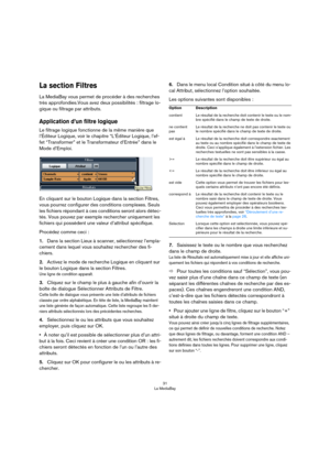 Page 3131
La MediaBay
La section Filtres
La MediaBay vous permet de procéder à des recherches 
très approfondies.Vous avez deux possibilités : filtrage lo
-
gique ou filtrage par attributs.
Application d’un filtre logique
Le filtrage logique fonctionne de la même manière que 
l’Éditeur Logique, voir le chapitre “L’Éditeur Logique, l’ef
-
fet “Transformer” et le Transformateur d’Entrée” dans le 
Mode d’Emploi.
En cliquant sur le bouton Logique dans la section Filtres, 
vous pourrez configurer des conditions...