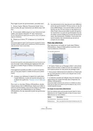 Page 4848
L’Éditeur d’Échantillons
Pour régler le point de synchronisation, procédez ainsi :
1.Activez l’option “Montrer l’Événement Audio” de la 
barre d’outils, afin que l’événement soit affiché dans l’édi
-
teur.
2.Si nécessaire, défilez jusqu’à ce que l’événement soit 
visible, puis repérez l’étiquette “P” dans l’événement.
Si vous n’avez pas encore réglé le point de synchro, celui-ci est placé au 
début de l’événement.
3.Cliquez sur le fanion “P” et déplacez-le à l’endroit dé-
siré.
Vous pouvez également...