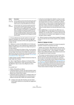 Page 6060
L’Éditeur d’Échantillons
ÖSi vous sélectionnez l’une des options du menu local 
Utiliser (à l’exception de “Tout”), une seconde règle affi
-
chant la structure musicale du fichier audio apparaîtra sous 
la règle normale. 
2.Déplacez le curseur de Sensibilité vers la droite pour 
ajouter des repères ou vers la gauche pour supprimer des 
repères inutiles jusqu’à ce qu’un son unique soit joué en
-
tre deux repères.
Si le but de ce découpage est de changer le tempo, vous aurez généra-
lement besoin...