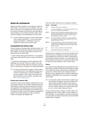 Page 7878
Vidéo
Avant de commencer
Quand vous devez travailler sur un projet qui contient un 
fichier vidéo, il vous faut avant tout configurer votre sys
-
tème en fonction de vos équipements et de vos besoins. 
Les sections suivantes vous fourniront des informations 
d’ordre général sur les formats de fichiers vidéo, les fré
-
quences d’images et les périphériques de sortie vidéo.
Compatibilité des fichiers vidéo
Comme il existe de nombreux types de fichiers vidéo, il est 
parfois difficile de déterminer...