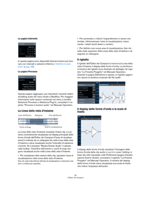 Page 4545
L’Editor dei Campioni
La pagina Intervallo
In questa pagina sono disponibili diverse funzioni per lavo-
rare con intervalli e selezioni (riferirsi a “Definire le sele-
zioni” a pag. 48).
La pagina Processa
Questa pagina raggruppa i più importanti comandi relativi 
all’editing audio dei menu Audio e Modifica. Per maggiori 
informazioni sulle opzioni contenute nei menu a tendina 
Seleziona Processo e Seleziona Plug-In, consultare il ca
-
pitolo “Processi e funzioni audio” nel Manuale Operativo.
La Linea...