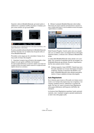 Page 5353
L’Editor dei Campioni
Quando è attiva la Modalità Musicale, gli eventi audio si 
adatteranno a qualsiasi modifica di tempo in Cubase, pro
-
prio come avviene con gli eventi MIDI.
É possibile attivare la Modalità Musicale nella pagina AudioWarp, nella 
pagina Definizione e nella toolbar.
É anche possibile attivare/disattivare la Modalità Musicale 
dal Pool, facendo clic sul relativo box di spunta nella co
-
lonna Modalità Musicale. 
Procedere come segue per far coincidere il tempo di un 
loop audio al...