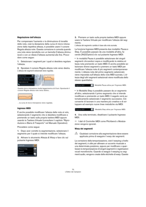Page 7070
L’Editor dei Campioni
Regolazione dell’altezza
Per compensare l’aumento o la diminuzione di tonalità 
delle note, cioè la deviazione della curva di micro-intona
-
zione dalla rispettiva altezza, è possibile usare il cursore 
Regola altezza note. Questa correzione è comoda quando 
una nota viene riprodotta con un bemolle (l’altezza diminu
-
isce) o con un diesis (l’altezza aumenta) alla fine. Proce-
dere come segue:
1.Selezionare i segmenti per i quali si desidera regolare 
l’altezza.
2.Spostare il...