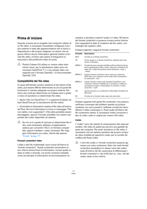 Page 7777
Video
Prima di iniziare
Quando si lavora ad un progetto che comporta l’utilizzo di 
un file video, è necessario innanzitutto configurare il pro
-
prio sistema in base alle apparecchiature che si hanno a 
disposizione e alle proprie esigenze. Le sezioni che se
-
guono offrono alcune informazioni generali relative ai for-
mati file video, al frame rate (valore di fotogrammi al 
secondo) e alle periferiche video di uscita.
Compatibilità dei file video
A causa dell’elevato numero esistente di tipi diversi...
