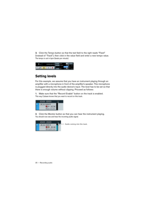 Page 3535 — Recording audio
3.Click the Tempo button so that the text field to the right reads “Fixed” 
(instead of “Track”), then click in the value field and enter a new tempo value.
The tempo is set in bpm (beats per minute).
Setting levels
For this example, we assume that you have an instrument playing through an 
amplifier with a microphone in front of the amplifier’s speaker. This microphone 
is plugged directly into the audio device’s input. The level has to be set so that 
there is enough volume without...