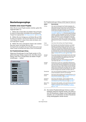 Page 2323
Das Projekt-Fenster
Bearbeitungsvorgänge
Erstellen eines neuen Projekts
Wenn Sie ein neues Projekt erstellen möchten, gehen Sie 
folgendermaßen vor:
1.Wählen Sie im Datei-Menü den Befehl »Neues Projekt«.
Ein Dialog mit Projektvorlagen (einschließlich aller benutzerdefinierten 
Vorlagen) wird angezeigt (siehe »Als Vorlage speichern« auf Seite 336). 
2.Wählen Sie eine Vorlage aus und klicken Sie auf »OK«.
Ein Dialog wird angezeigt, in dem Sie einen Speicherort für den Projekt-
ordner festlegen können....