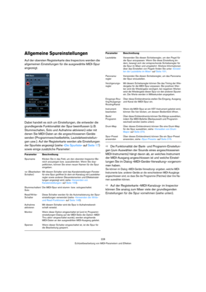 Page 228228
Echtzeitbearbeitung von MIDI-Parametern und Effekten
Allgemeine Spureinstellungen
Auf der obersten Registerkarte des Inspectors werden die 
allgemeinen Einstellungen für die ausgewählte MIDI-Spur 
angezeigt. 
Dabei handelt es sich um Einstellungen, die entweder die 
grundlegende Funktionalität der Spur beeinflussen (z. B. 
Stummschalten, Solo und Aufnahme aktivieren) oder mit 
denen Sie MIDI-Daten an die angeschlossenen Geräte 
senden (Programmwechselbefehle, Lautstärkeeinstellun-
gen usw.). Auf der...