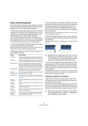 Page 2424
Das Projekt-Fenster
Zoom- und Ansichtsoptionen
Verwenden Sie zum Vergrößern bzw. Verkleinern der Dar-
stellung im Projekt-Fenster die herkömmlichen Verfahren. 
Beachten Sie jedoch folgende Besonderheiten:
Wenn Sie das Lupe-Werkzeug verwenden, ist die Funk-
tionalität von der Option »Zoom-Standardmodus: nur hori-
zontaler Zoom« im Programmeinstellungen-Dialog (unter 
»Bearbeitungsoptionen–Werkzeuge«) abhängig.
Wenn diese Option eingeschaltet ist und Sie ein Auswahlrechteck mit 
dem Lupe-Werkzeug...