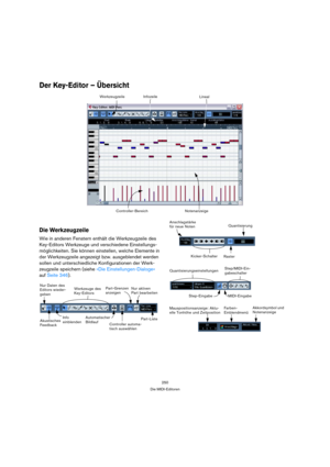 Page 250250
Die MIDI-Editoren
Der Key-Editor – Übersicht
Die Werkzeugzeile
Wie in anderen Fenstern enthält die Werkzeugzeile des 
Key-Editors Werkzeuge und verschiedene Einstellungs-
möglichkeiten. Sie können einstellen, welche Elemente in 
der Werkzeugzeile angezeigt bzw. ausgeblendet werden 
sollen und unterschiedliche Konfigurationen der Werk-
zeugzeile speichern (siehe »Die Einstellungen-Dialoge« 
auf Seite 346).
NotenanzeigeLineal
Controller-BereichInfozeile
Werkzeugzeile
Info
einblenden Nur Daten des...