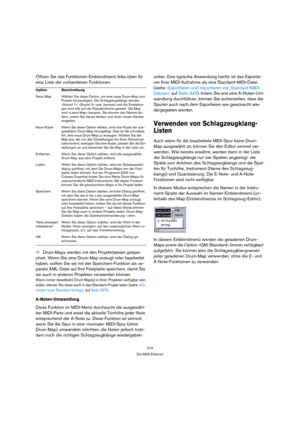 Page 274274
Die MIDI-Editoren
Öffnen Sie das Funktionen-Einblendmenü links oben für 
eine Liste der vorhandenen Funktionen.
ÖDrum-Maps werden mit den Projektdateien gespei-
chert. Wenn Sie eine Drum-Map erzeugt oder bearbeitet 
haben, sollten Sie sie mit der Speichern-Funktion als se-
parate XML-Datei auf Ihre Festplatte speichern, damit Sie 
sie auch in anderen Projekten verwenden können.
Wenn immer dieselbe(n) Drum-Map(s) in Ihren Projekten verfügbar sein 
sollen, können Sie diese auch in das Standard-Projekt...