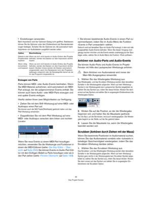 Page 3030
Das Projekt-Fenster
Einstellungen verwenden.
Beim Importieren wird der Optionen-Dialog nicht geöffnet. Stattdessen 
können Sie die Optionen unter dem Einblendmenü als Standardeinstel-
lungen festlegen. Schalten Sie die Optionen ein, die automatisch beim 
Importieren von Audiodateien ausgeführt werden sollen:
Erzeugen von Parts
Parts können MIDI- oder Audio-Events beinhalten. Wenn 
Sie MIDI-Material aufnehmen, wird automatisch ein MIDI-
Part erzeugt, der die aufgenommenen Events enthält. Sie 
können...